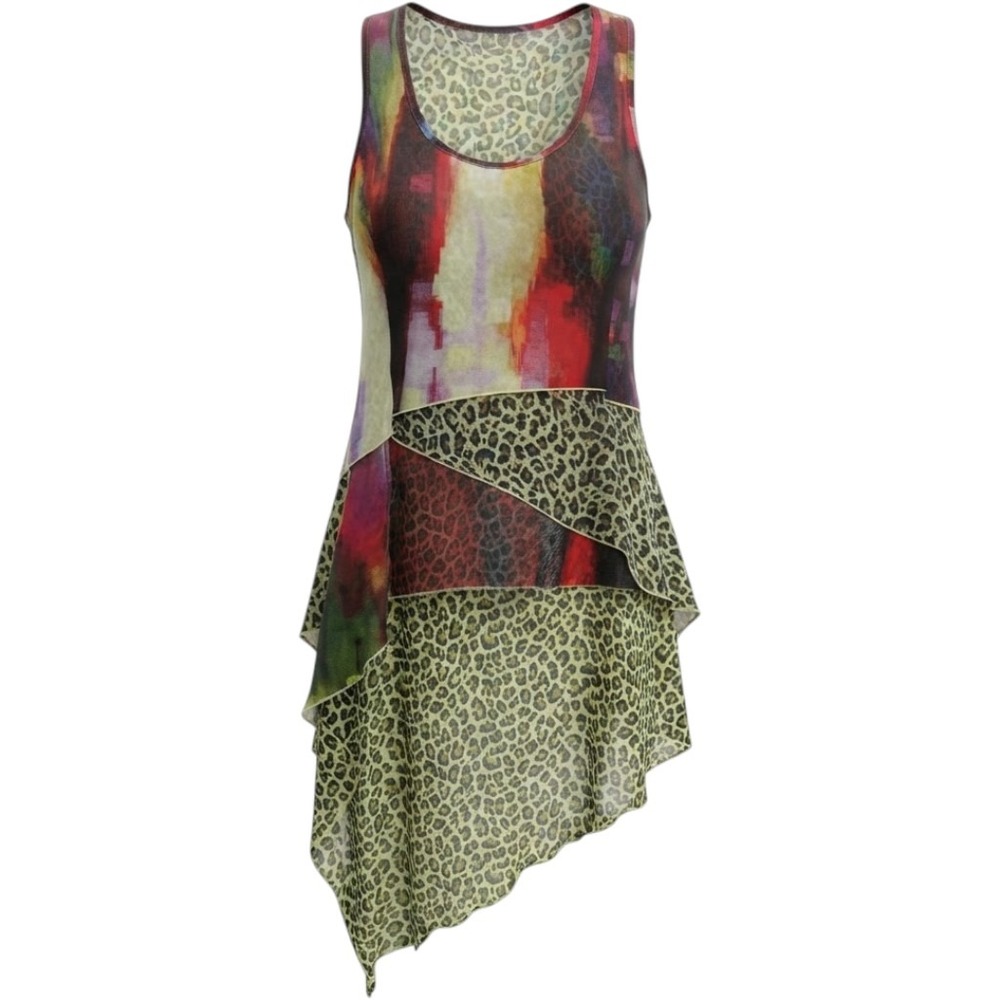 Dor Dor Couture  Leopard Print Tank Top Dress Multi Color Handkerchief Hem Sz S